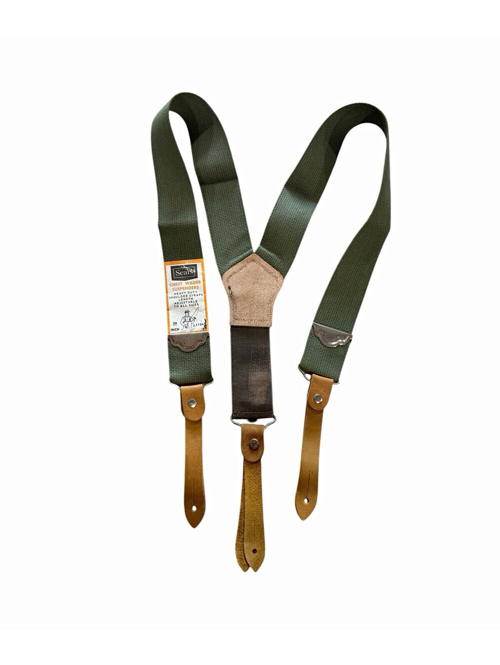 Vintage Sears Wader Suspenders Adjustable Braces Elastic/Leather Green Brown 36”